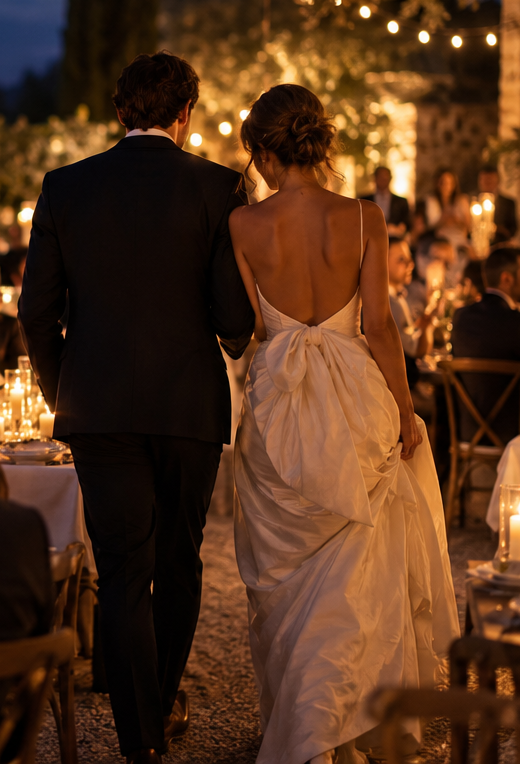 Newlyweds walking arm in arm between candlelit tables