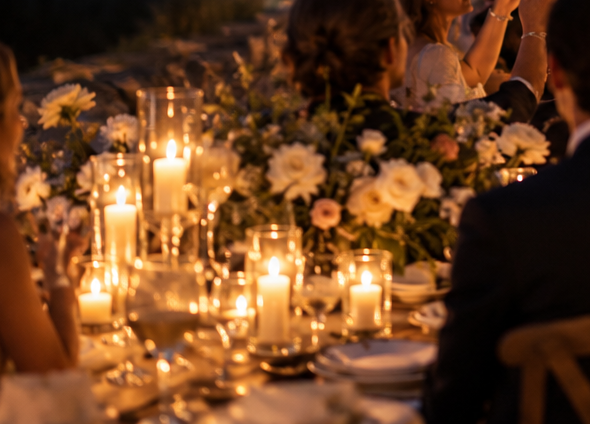 Candles and white flowers on a long wedding table