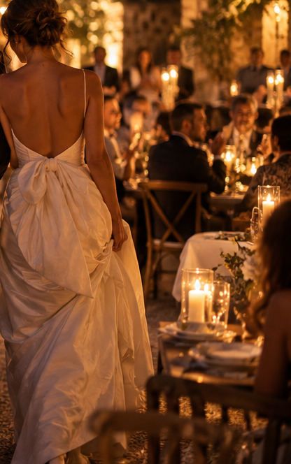 Guests seated at candlelit tables during a wedding dinner