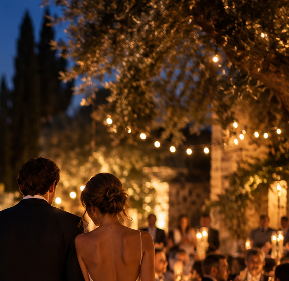 String lights under an olive tree at a wedding dinner