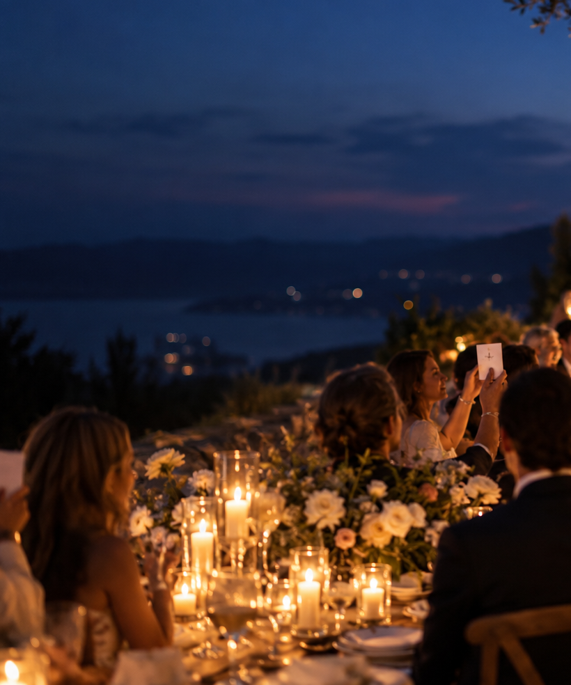 Guests at a candlelit wedding dinner; one holds up a small card