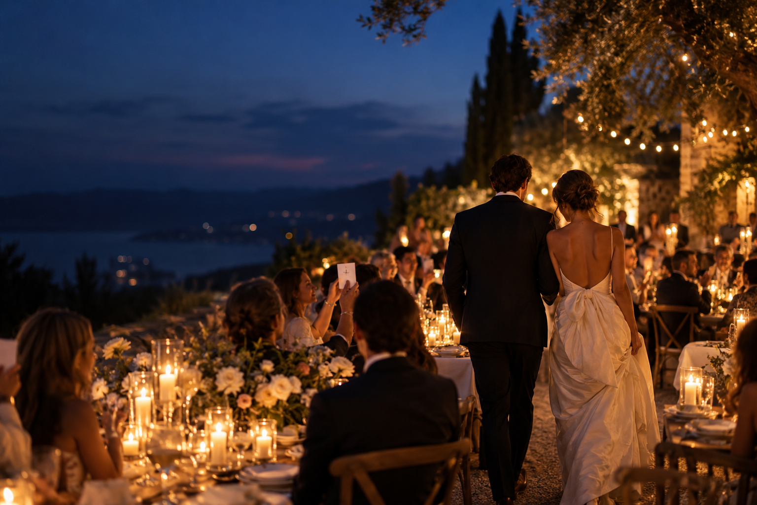 Newlyweds walk through a candlelit outdoor wedding dinner